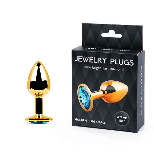 Золотистая анальная пробка с голубым стразом Anal Jewelry Plug GS-05 (7,2 см)