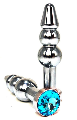Серебристая коническая анальная пробка-ёлочка с голубым кристаллом Vandersex 159-B1 (11 см)