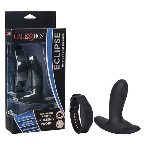 Чёрный массажёр простаты с пультом-браслетом California Exotic Novelties Eclipse Wristband Remote Pulsing Probe SE-0436-85-3 (11,5 см)