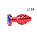 Коническая ребристая красная анальная втулка с синим кристаллом Anal Jewelry Plug AR-13-M (8 см)