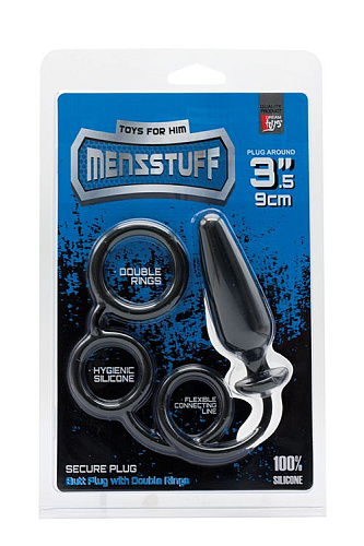 Чёрное эрекционное кольцо с подхватом и анальным стимулятором Dream Toys MENZSTUFF 3.5INCH DOUBLE RING ANAL PLUG 21279