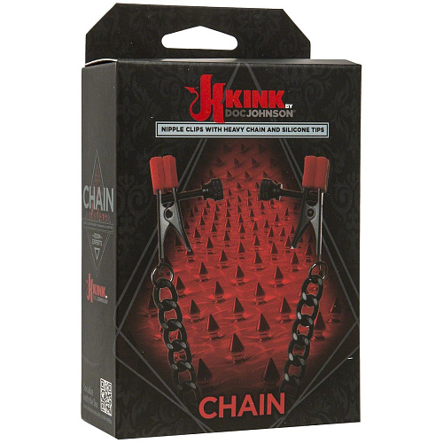 Красные зажимы для сосков с чёрной цепочкой Doc Johnson Kink Nipple Clips with Heavy Chain and Silicone Tips 2404-05-BX