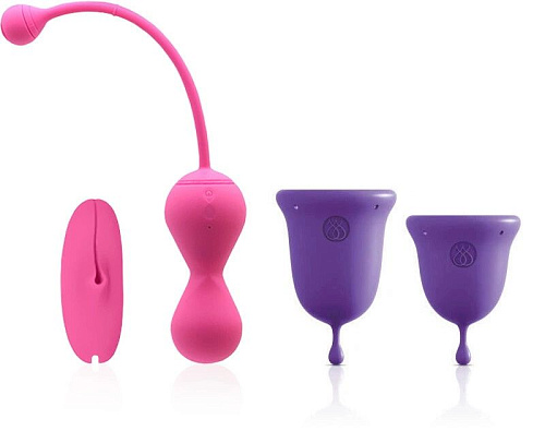 Подарочный набор: розовый тренажёр Кегеля Magic Kegel Master 22 и фиолетовые менструальные чаши Jimmy Jane Magic Motion 861154