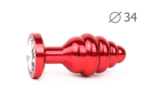 Коническая ребристая красная анальная втулка с прозрачным кристаллом Anal Jewelry Plug AR-01-M (8 см)