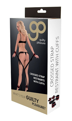 Красно-чёрные регулируемые мягкие манжеты на запястья и лодыжки с длинной мягкой крестовиной Blush Novelties 520081