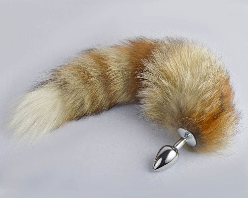 Серебристая анальная пробка с натуральным лисьим хвостом Sitabella 8041
