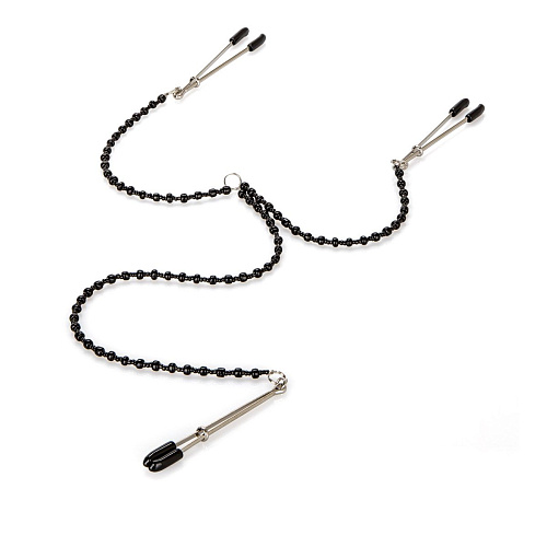 Серебристые зажимы на соски с чёрной цепочкой California Exotic Novelties Tweezer Intimate Clamps SE-2610-15-2