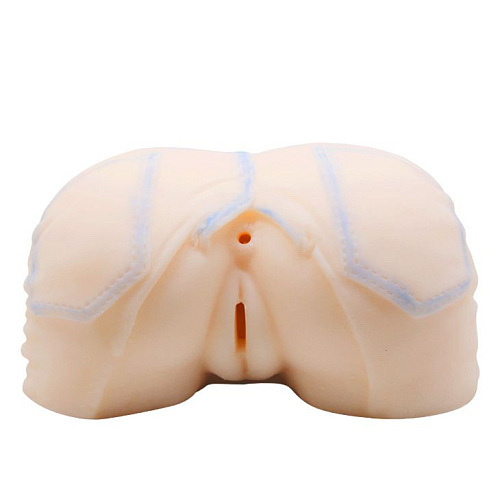 Телесная пышная попка в джинсиках с двумя входами и вибрацией Baile BM-009181-1