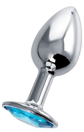 Серебристая анальная втулка с голубым стразом Штучки-дрючки 690119 (7 см)