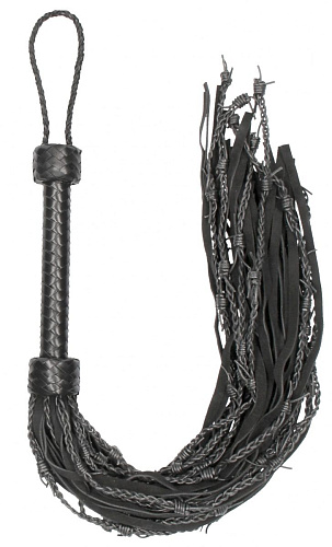 Чёрная многохвостая плетёная плеть Shots Media BV Leather Suede Barbed Wired Flogger PAI013BLK (76 см)