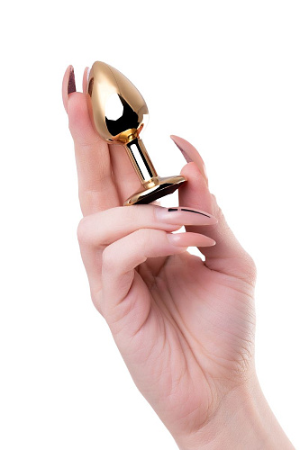 Золотистая гладкая анальная пробка с чёрным кристаллом Штучки-дрючки 690122 (7 см)