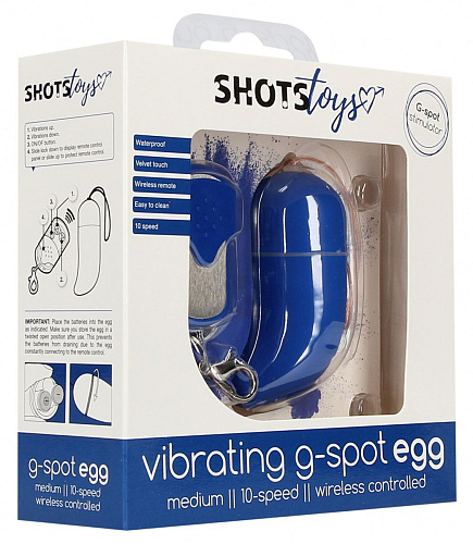 Синее виброяйцо с пультом Shots Media BV Medium Wireless Vibrating G-Spot Egg SHT088BLU (7,5 см)