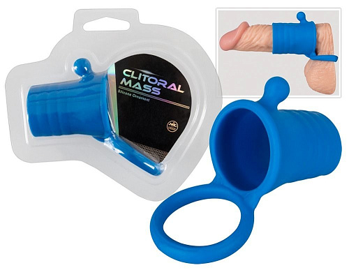 Синяя насадка на пенис с выступом для массажа клитора и подхватом мошонки NMC 0510572