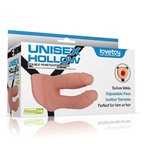 Телесный полый страпон с двумя отростками Lovetoy LV3005