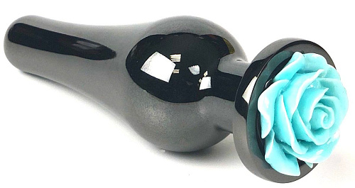 Чёрная удлиненная анальная пробка с бирюзовой розой Vandersex 199-VTRGL (12,5 см)