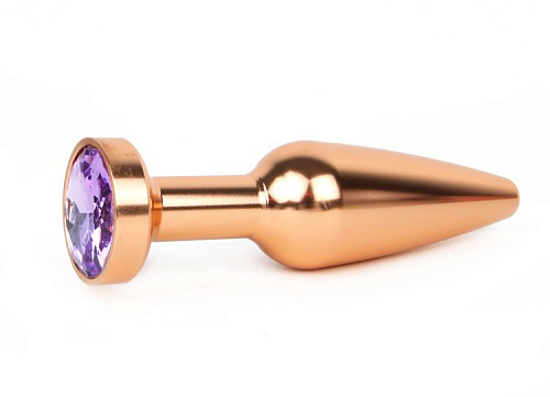 Удлиненная коническая гладкая золотистая анальная втулка с сиреневым кристаллом Anal Jewelry Plug XGLD-15 (11,3 см)