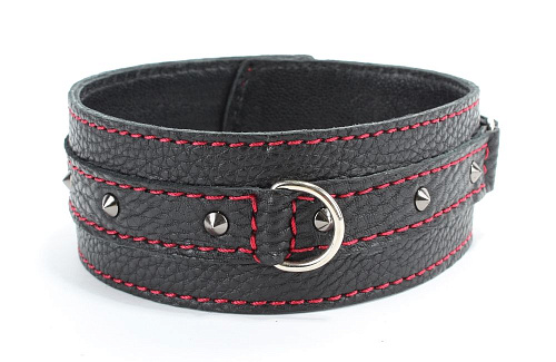 Чёрный ошейник из натуральной кожи с шипами и D-колечком БДСМ арсенал 55050ars