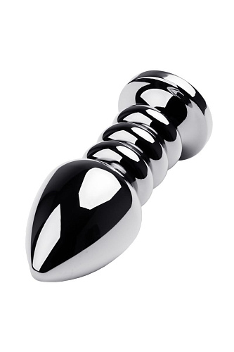 Серебристый анальный стимулятор с ребрышками и синим кристаллом ToyFa 717055-6 (10,5 см)