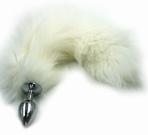 Серебристая алюминиевая анальная пробка с белым хвостом из натурального меха Kanikule KL-AL001SR5