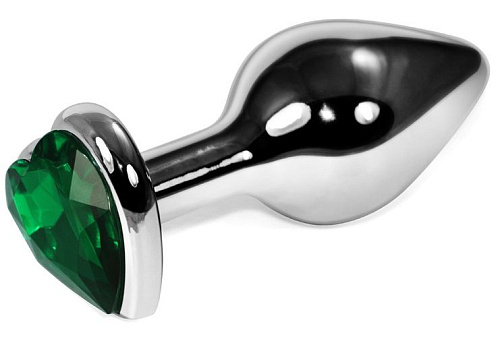 Серебристая анальная пробка с зелёным кристаллом-сердцем Vandersex 170-SG1 (9 см)