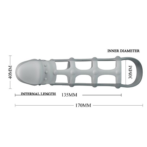 Серая силиконовая насадка на пенис с рельефом и подхватом Baile BI-026234 (17 см)