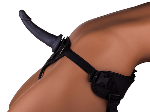 Телесный с чёрным кожаный пояс харнесс премиум класса с 3 насадками LOVETOY (А-Полимер) WOMAN LONG(S) 303903