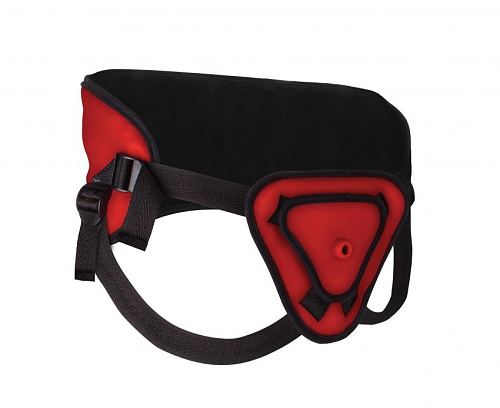 Красный страпон с волнистой насадкой Shots Media BV Deluxe Silicone Strap On 10 Inch OU211RED (25,5 см)