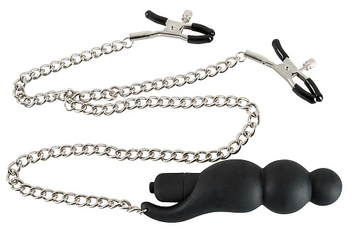 Серебристые зажимы на соски с чёрным вибростимулятором на цепочке Orion Nipple Clips with Vibrator 0522716
