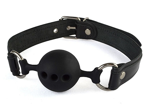 Силиконовый кляп-шар с ремешками из натуральной кожи чёрного цвета Sitabella 3390-1