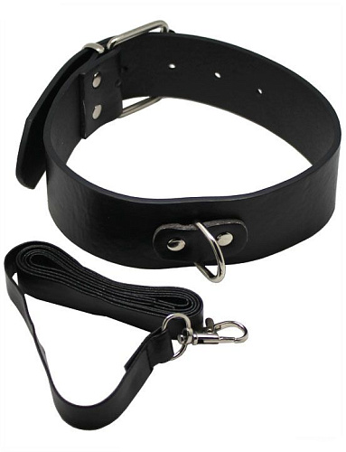 Чёрный ошейник с карабином и поводком Eroticon P3346B
