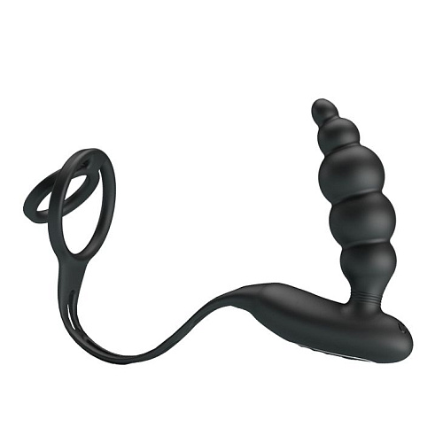Чёрное эрекционное кольцо с анальной вибропробкой-ёлочкой Baile Vibrating penis sleeve III BI-210200