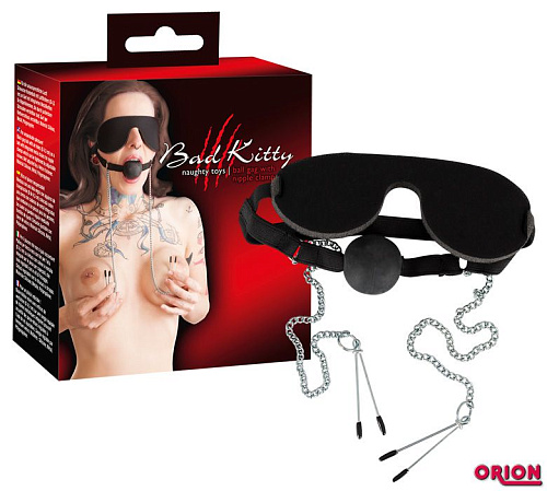 Чёрная маска с кляпом и зажимами для сосков Orion Bad Kitty 05104240000