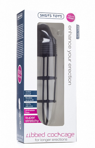 Удлиняющая чёрная насадка на пенис Shots Media BV Ribbed Cockcage SHT211BLK