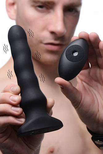 Чёрный вибратор с волнообразным движением XR Brands Silicone Vibrating Squirming Plug with Remote Control AF947 (19,5 см)
