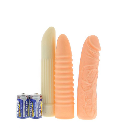 Пластиковый вибратор с двумя насадками телесного цвета Seven Creations THE BEDSIDE COMPANION VIBRATOR KIT888K-BX