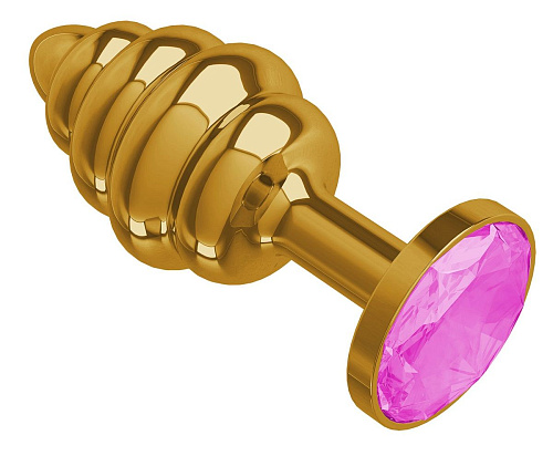 Золотистая пробка с рёбрышками и розовым кристаллом Сумерки богов 512-06 pink-DD (7 см)