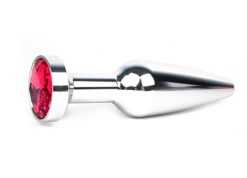 Удлиненная коническая гладкая серебристая анальная втулка с малиновым кристаллом Anal Jewelry Plug XSLV-14 (11,3 см)