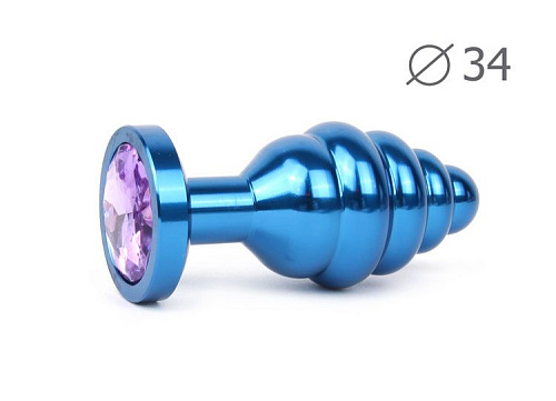 Коническая ребристая синяя анальная втулка с сиреневым кристаллом Anal Jewelry Plug ABL-15-M (8 см)
