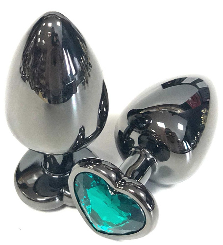 Чёрная металлическая анальная пробка с зелёным стразом-сердечком Vandersex 400-HVGM (7,5 см)