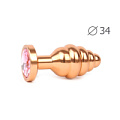 Коническая ребристая золотистая анальная втулка с розовым кристаллом Anal Jewelry Plug AG-02-M (8 см)