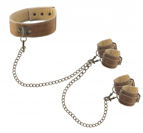 Коричневый кожаный ошейник с наручниками Shots Media BV OUCH! BROWN OU167BRN