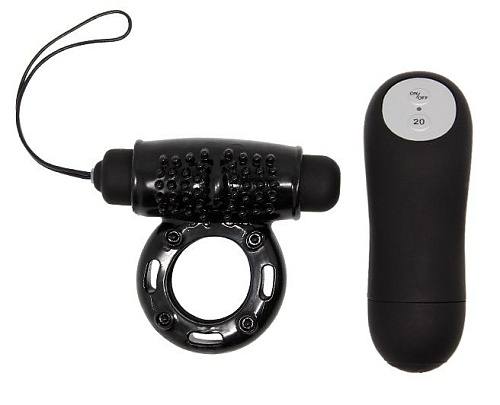 Чёрное эрекционное кольцо с виброэлементом и пультом ДУ Baile BI-014331-0801