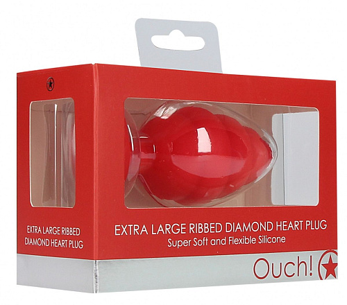 Красная анальная пробка Shots Media BV Extra Large Ribbed Diamond Heart Plug OU459RED (9,6 см)
