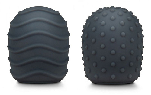 Тёмно-серый набор из 2 силиконовых текстурированных насадок для вибратора Le Wand LW-018