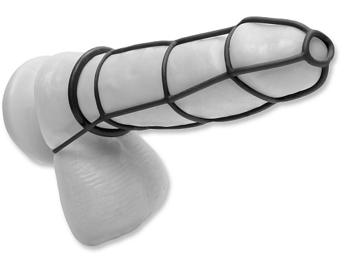 Набор в чёрном цвете: насадка и эрекционные кольца на пенис Pipedream Cockcage and Ring Set PD4571-23