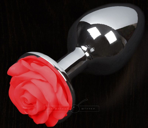 Серая анальная пробка с красной розочкой Пикантные штучки DPLS005ROSER (8,5 см)