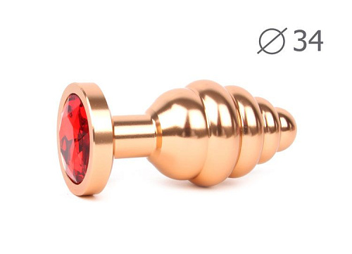 Коническая ребристая золотистая анальная втулка с красным кристаллом Anal Jewelry Plug AG-16-M (8 см)