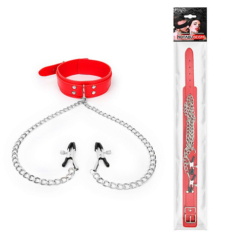 Красный ошейник с зажимами на соски на цепочке Bior toys NTB-80550