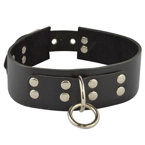 Чёрный кожаный ошейник с кольцом и клепками Sitabella 3195-1