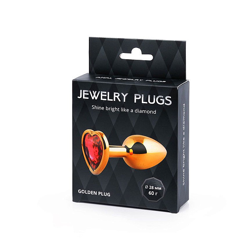 Золотистая анальная пробка с красным стразом-сердечком Anal Jewelry Plug SCHG-16 (7 см)